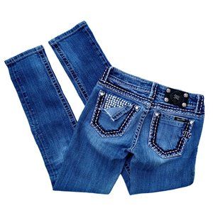 Miss Me Rhinestone Bling Folded Pocket Acid Wash Jeans Size 3 Waist 26 JP5118SKR
